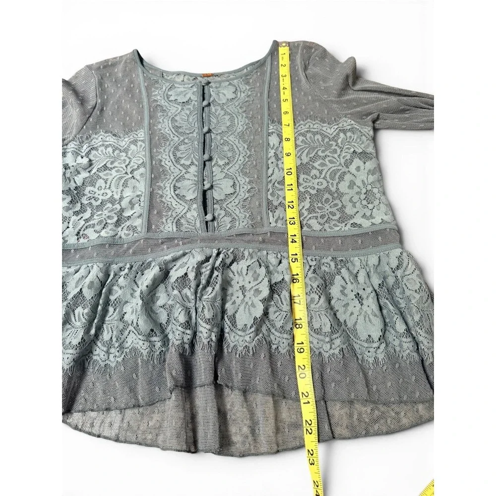 Free People Blouse Womens Small Blue Sheer Lace Peplum Mesh Boho Victorian